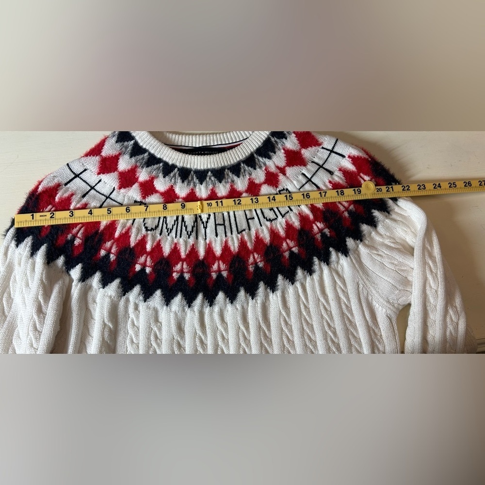 Womens Tommy Hilfiger Fair Isle Cable Knit Ski Sweater White Red Logo Size Large - Picture 10 of 12